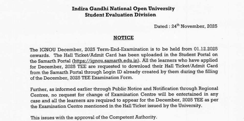 ignou december admit card 2025